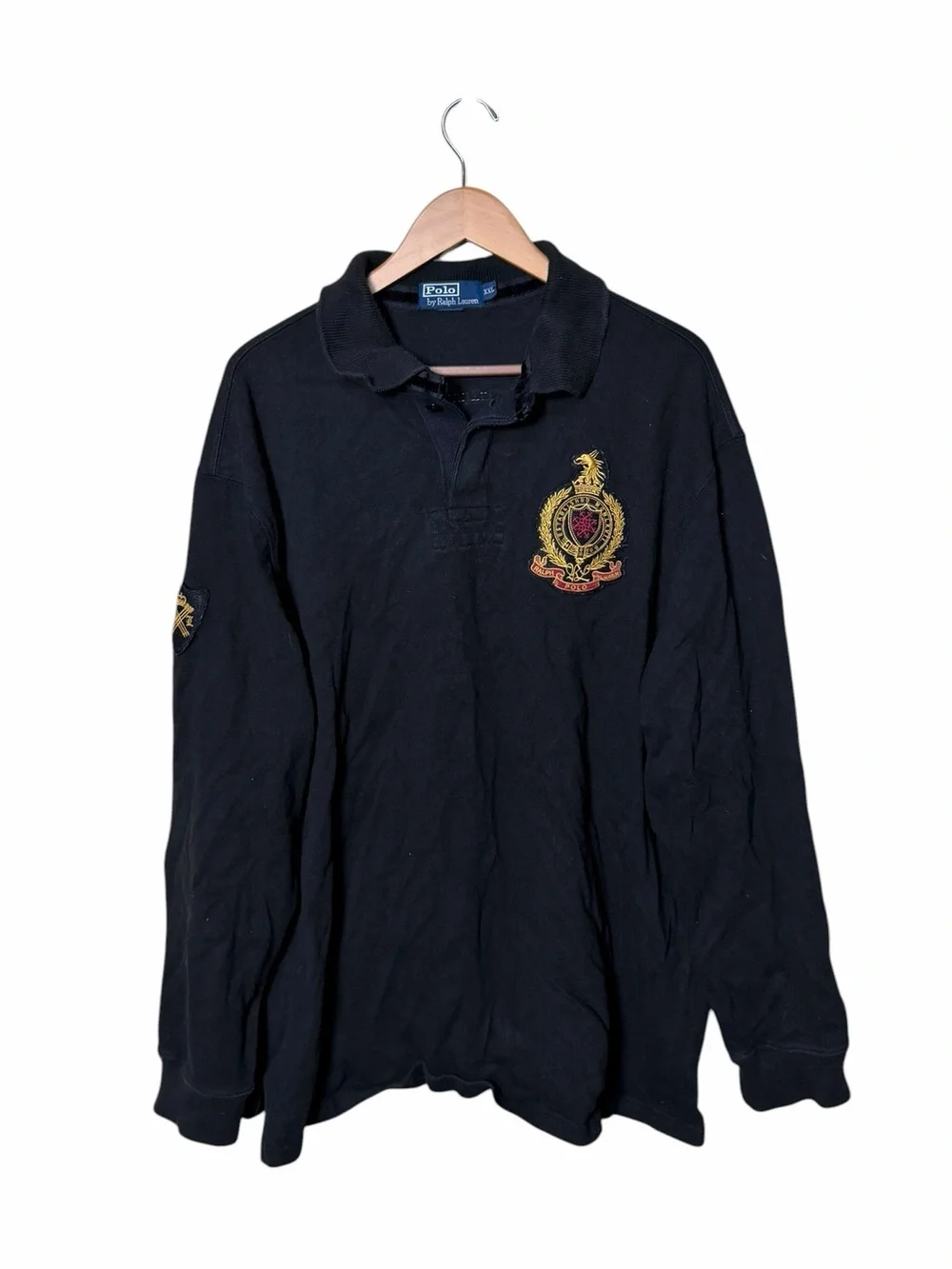 Vintage Polo Ralph Lauren PRLC Crest Rugby Shirt Black Gold Embroidered XXL